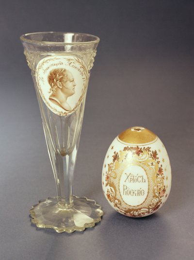 Wine glass with opaque plaque bearing portrait of Alexander I, c.1820, and Easter egg inscribed Christ is Risen, c.1840 by Russian School